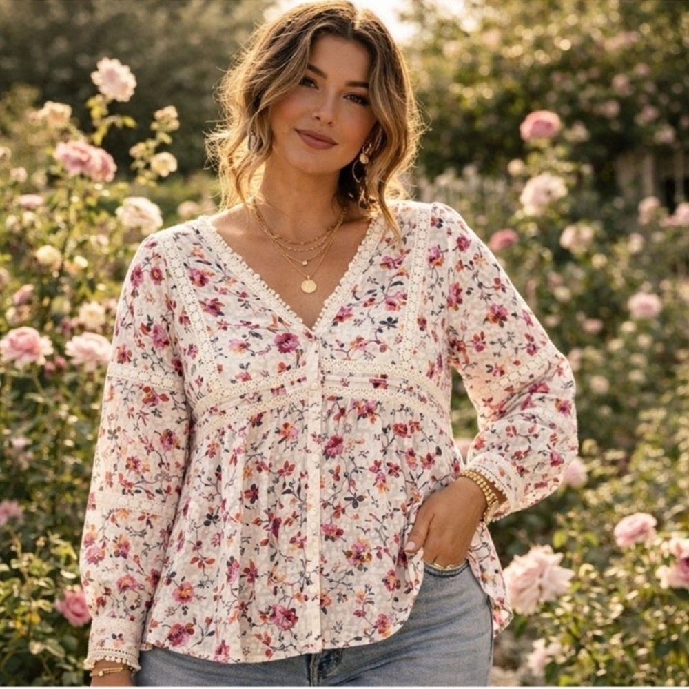 Anthropologie Cream Floral Lace-Trim Peasant Blouse